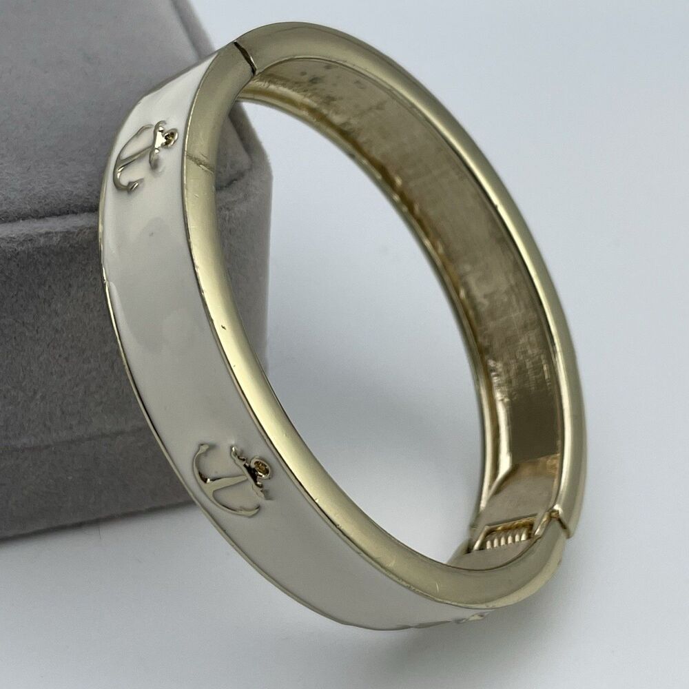 Gold Tone Metal White Enamel Anchor Clamper Bangle Bracelet Nautical Statement